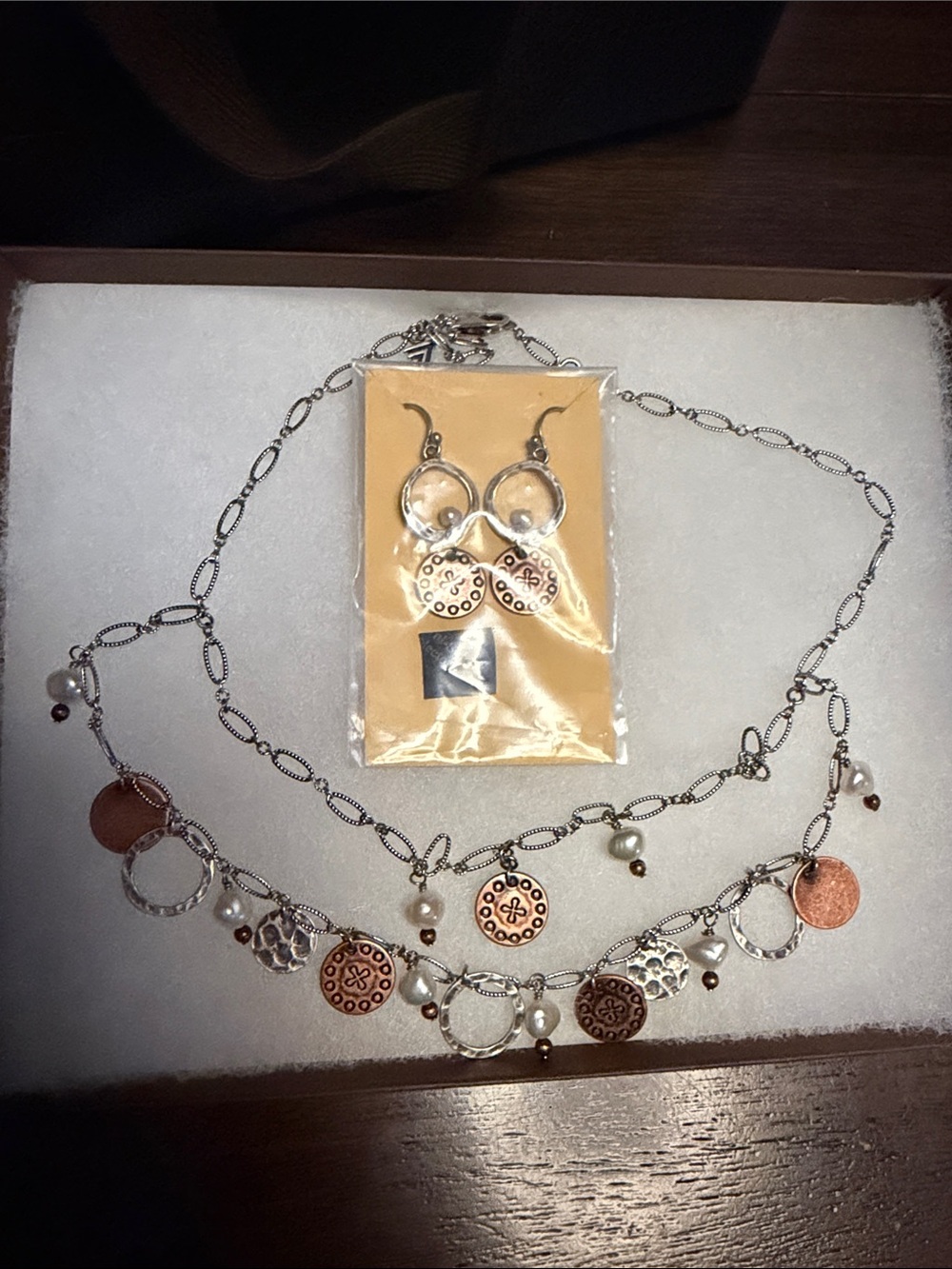 Mixed Metal Dangle Necklace and Earring Set - Copper & Silver
